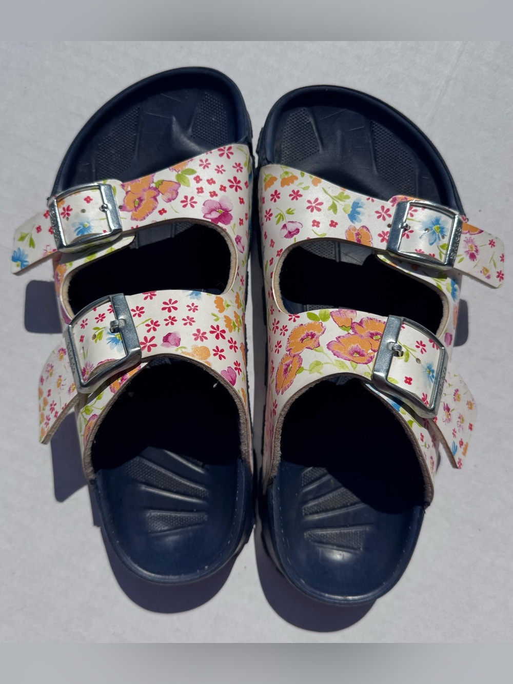 Birki’s Floral Double Strap Sandals White Pink Blue Comfort Slides 36